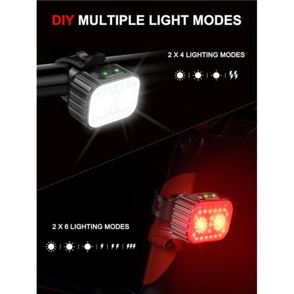 Bike Lights,Rechargeable Bicycle Lights Set Super Bright 8+12 Modes,IPX6 - Picture 3 of 7